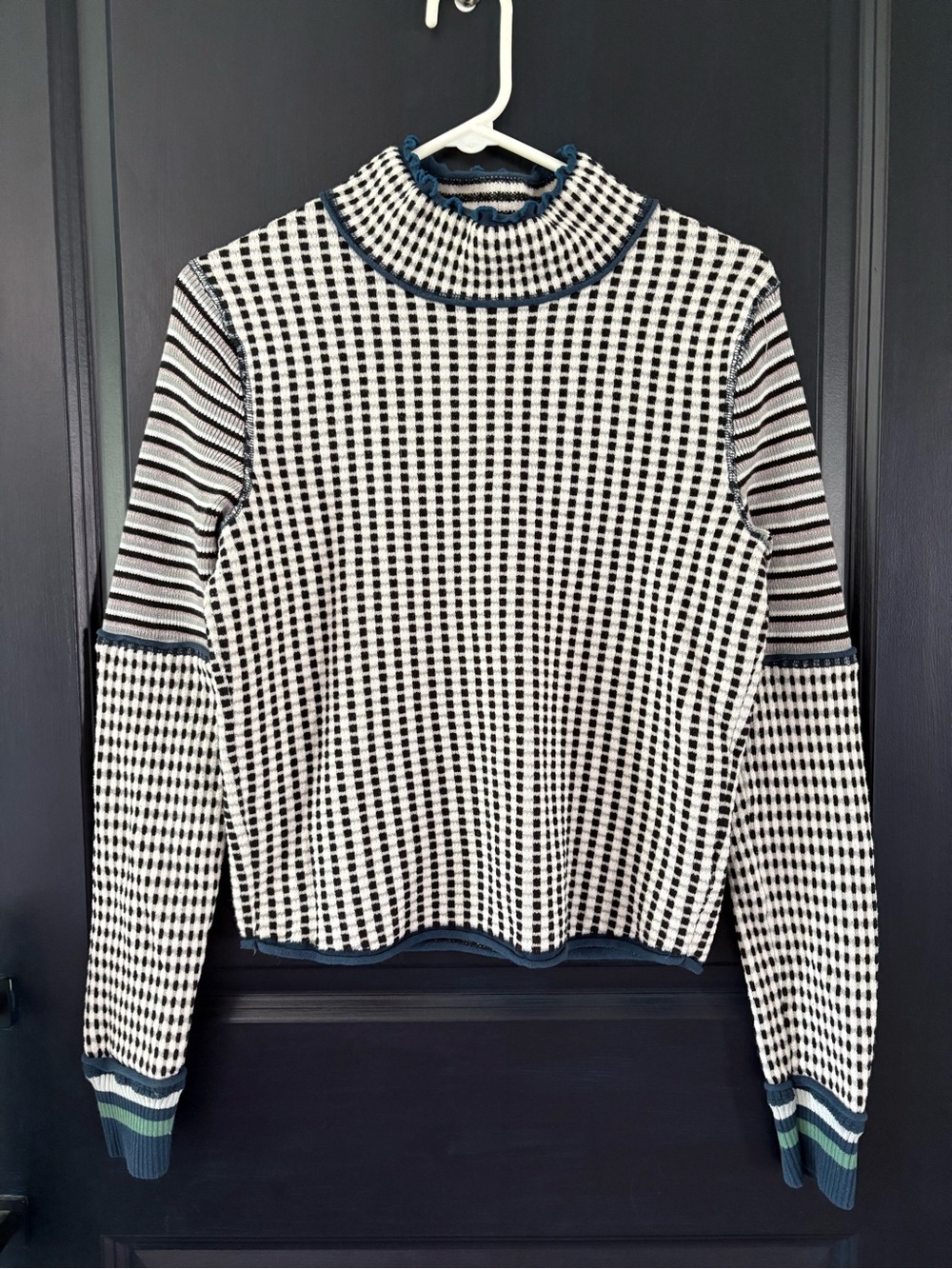 We The Free Black and White Checked Cowl Turtleneck Cropped Sweater Teal Trim